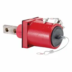 Female receptacle from Series 49 rated for 1,135 A. Features a straight 45° clevis pin mating configuration and two-hole bus bar termination. Red housing. Used in high-current industrial power distribution systems such as data centers, manufacturing plants, and electrical switchgear.
