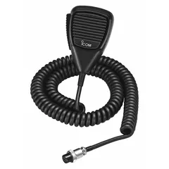 Hand microphone with 32-inch cord and 8-pin round plug connector. Features push-to-talk and noise-cancelling operation. Compatible with ICOM A220 series radios. Black finish.