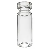 Colorless glass chromatography vial with a square, self-standing bottom. 2 mL capacity, 12 mm body diameter, and 11 mm screw closure size. Supplied without closure. Used for liquid sample storage and analysis in chromatography applications