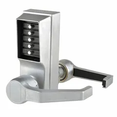 This mechanical push button lockset provides keyless entry for commercial or institutional doors. The chrome finish resists corrosion in high-traffic environments. It is ADA compliant and has no key override options.