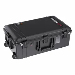 This PELICAN protective case is a mobile, lightweight suitcase-style case made of plastic. It features press and pull latches for secure closure. Weighing 13.6 lb, it is suitable for transporting and safeguarding sensitive equipment such as cameras, electronics, or tools in industrial, field-service, and travel applications.