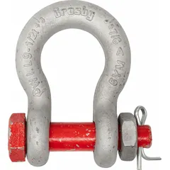 This CROSBY anchor shackle is a high-strength lifting component with a working load limit of 80,000 lb. It features a width between eyes of 2 7/8 in and a silver body. The red-type shackle is used to connect chains, slings, or cables to loads in heavy-duty rigging and industrial hoisting applications.