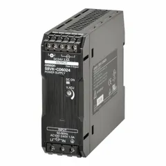 This DIN rail mount DC power supply converts 100 to 240 VAC single-phase input to a stable 24 VDC output. It delivers 60 W output power at 2.5 A, suitable for powering control circuits, sensors, and automation equipment in industrial panels.