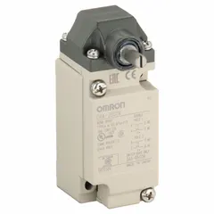 Metallic rotary-motion limit switch from the D4A series with a roller lever plunger actuator. Features momentary action, DPDT simultaneous operation contact form, and screw terminals. Travel angles: 12° pretravel, 70° overtravel, 4° differential travel, 85° total travel. Suitable for position detection in industrial machinery, conveyors, and packaging equipment.