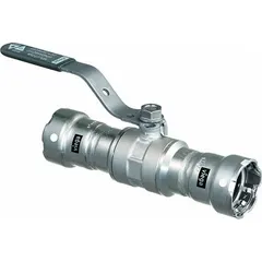Manual two-way ball valve with a straight, two-piece carbon steel body and press x press connections. Features a locking lever handle to prevent accidental operation. Used for on/off or redirecting flow in carbon steel piping systems.