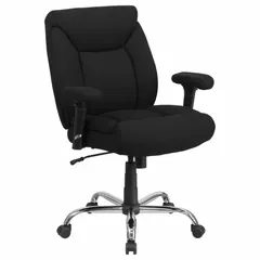 This adjustable-arm office chair from FLASH FURNITURE features a black fabric seat and back, with a gray seat cushion. The back height is 21 inches and the seat width is 22 1/2 inches. Suitable for general office and workspace environments requiring ergonomic seating.