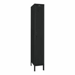 This single-tier louvered metal wardrobe locker is constructed from black steel and measures 12 x 12 x 78 inches. It features a louvered door for ventilation and an 8-digit code/key lock for security. Supplied unassembled with a number plate included. Suitable for personal storage in facilities requiring airflow.