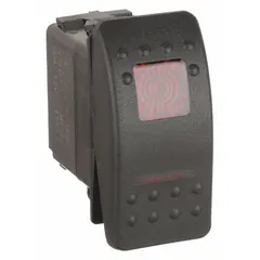 CARLING TECHNOLOGIES Lighted Rocker Switch: 3 Positions, SPDT, On/Off/On, Red (MPN V6D1D66B-ASC00-000). Key specifications — AC Contact Rating: 15 A @ 125 V; DC Contact Rating: 20 A @ 12 V; Horsepower: 1/2 hp @ 125 to 250 V; NEMA Enclosure Rating: No Enclosure; Operator Illumination: Illuminated; Switch Color: Red; Terminal Connection Type: Quick-Connect Tab Terminals; Includes Lamp Module: No Lamp Module Included.