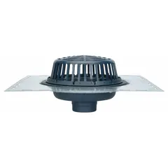 Primary roof drain with deck plate for flat or low-slope roofs. Cast iron body, plastic dome, includes clamping collar. 4 in nominal pipe size, no-hub connection, 10 in overall height.
