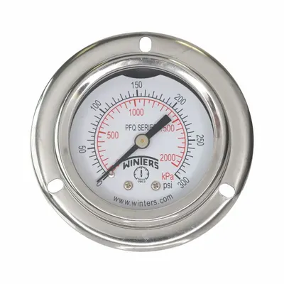 WINTERS Panel-Mount Pressure Gauge: Front Flange, 0 psi to 300 psi, 2 in Dial, 1/8 in NPT Male - Front-Flange Panel-Mount with Brass/Bronze Wetted Parts