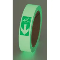 Vinyl glow-in-the-dark floor marking tape with green/white 'Exit Left' message legend. Designed for emergency egress path marking in low-light conditions. Measures 1 inch wide by 30 feet long