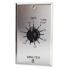 Spring-wound mechanical timer with a maximum 2-hour run time. SPDT switch rated for 125V AC. Includes a silver wall plate. No hold feature; automatically turns off after set time. Suitable for controlling lighting, fans, or other electrical loads in commercial restrooms, storage rooms, and meeting spaces.
