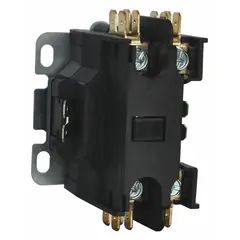 Single-phase definite purpose contactor with 1NO main pole contact form. Rated 20 A, 208-240V AC coil, maximum 600V AC. Through-panel mounting with screw terminals. Used for switching HVACR loads such as compressors, fans, and pumps.
