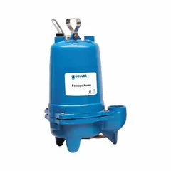 Single-phase sewage ejector pump rated at 3/4 hp, 230V AC, and 9.4 A. Features a cast iron impeller and vertical discharge orientation, handling solids up to 2 inches in diameter. Suitable for wastewater removal in residential and light commercial applications where vertical discharge is required. Switch not included.