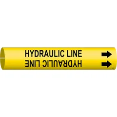 Yellow snap-on pipe marker with black legend reading 'Hydraulic Line' and directional arrows. Fits pipe outer diameters from 1-1/2 to 2-3/8 inches. Used to identify hydraulic lines in industrial piping systems for safety and compliance.