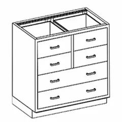 Wall-mounted stainless steel base cabinet with six drawers. Overall dimensions: 35 in width, 22 in depth, 35 1/4 in height. Suitable for organized storage in laboratories, cleanrooms, kitchens, and manufacturing environments where hygiene and corrosion resistance are required.