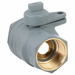 This two-way brass ball valve features a straight body with full port ball port for minimal pressure drop. It has 2-inch FNPT x FNPT connections and a locking tee handle for secure on/off flow control in industrial piping systems.