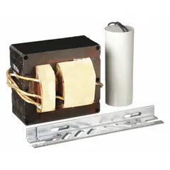 Metal halide ballast kit for 400 W lamps with ANSI Code M59 and probe start. Operates on 480V AC input. Includes mounting bracket. Used in industrial and commercial lighting fixtures such as high-bay and outdoor area lighting.