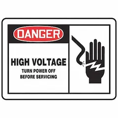 Vinyl adhesive sign, 3 1/2 in x 5 in, 0.02 in thick. Not retroreflective, not glow-in-the-dark, no anti-slip surface. Applied to equipment panels, junction boxes, or machinery to warn of electrical hazards and support lockout/tagout procedures.
