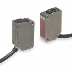 This OMRON sensor set comprises a rectangular receiver and transmitter pair with non-terminated cables, designed for through-beam object detection. It operates on a 10-30V DC supply with NPN output, suitable for industrial sensing applications such as presence detection in automation systems.