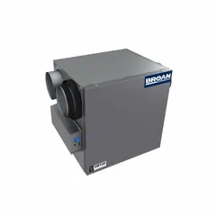 This BROAN energy-recovery ventilator delivers 119 cfm at 0.400 in SP with a maximum efficiency of 80%. It features a variable-speed motor and recirculation defrost type, operating on 120V AC with a plug-in electrical connection. Suitable for residential balanced ventilation, it exchanges indoor and outdoor air while recovering heat to reduce energy loss.