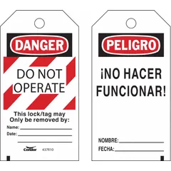 Polyester lockout tag printed in English with 'Danger Do Not Operate' warning. Includes fields for Date, Fecha, Name, and Nombre. Used in lockout/tagout procedures to indicate equipment under maintenance and prevent accidental operation.