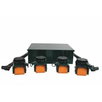 Machine roller kit comprising four swivel dollies with rubber-padded top plates and a 5-inch deck height. Each dolly measures 6 1/2 inches long by 3 1/2 inches wide. Includes two handles. Used for moving heavy loads in industrial settings such as plant maintenance and equipment reconfiguration