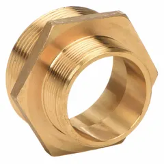 This brass rigid adapter connects fire hoses to hydrants or standpipes, transitioning from a 2 in NPT threaded pipe to a 2-1/2 in NH hose connection. The straight configuration and hex body allow wrench tightening for a secure, leak-free link in fire-suppression systems.
