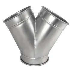 Stainless steel wye branch fitting for 10-inch duct diameter with 17 1/2-inch overall length and 60° branch angle. Used in industrial ductwork systems to split or combine airflow, common in dust collection, ventilation, and material handling applications.