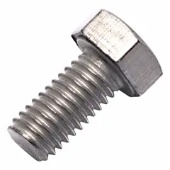 Hex head bolt made from Grade 2 titanium, with M5x0.8 metric thread and 10 mm length. Meets DIN 933 dimensional and material standards. Supplied in a small pack without nut. Suitable for applications requiring corrosion resistance and light weight, such as chemical processing, marine, and aerospace fixtures.