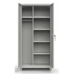 This industrial combination cabinet provides secure storage for tools, parts, and equipment. It features a swing handle with padlock hasp, four adjustable shelves, and hanging rods for versatile organization. The cabinet is assembled, includes legs for stability, and is finished in gray.