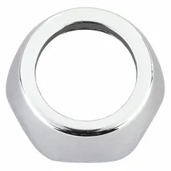 This brass spout ring is designed for use with compatible faucet fixtures. It includes a nut for secure installation. Commonly used in commercial and institutional plumbing systems where corrosion-resistant trim is required.