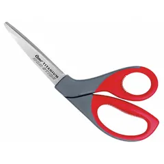 These offset plastic-handle scissors feature straight, pointed blades with a titanium bonded coating in gray. The 8-inch overall length and ambidextrous design suit cutting tasks in industrial, textile, and packaging environments. A Velcro closure is included for secure storage.