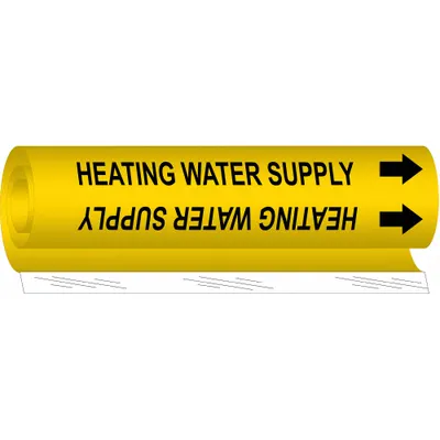 BRADY Pipe Marker: Heating Water Supply, Yellow, Black, Fits 1 1/2 to 2 3/8 in Pipe O.D. - Heating Water Supply Wrap-Around Pipe Markers