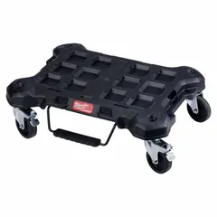 Black hand truck and dolly from the PACKOUT system. Measures 24 7/16 in W x 13 3/16 in H x 18 15/16 in D. Swivel design for maneuverability in tight spaces. Used to transport and organize tool boxes, crates, and accessories on job sites.