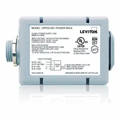 Hard-wired power and relay control unit for LED lighting. Accepts multi-voltage AC input (120/208/220/230/240/277V) and provides 24V DC output. Part of the OPP20 series. Used to switch and power LED lighting loads in commercial and industrial buildings.