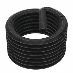 Free-running tanged helical insert for M14-1.25 fine metric threads. Made from 12L14 steel with black oxide finish, overall length 10.7 mm. Used to repair or reinforce tapped threads in metal components, providing strong, wear-resistant threads in applications such as automotive, aerospace, and industrial machinery. Supplied in a 6-pack.