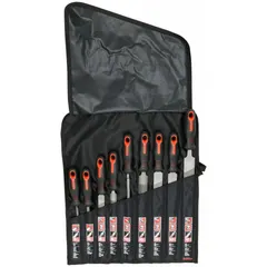 This 9-piece file set includes Bastard Cut and Smooth Cut files for material removal and finishing. An 8 in Half Round file is included. The set is supplied in a pouch with a handle for storage and portability. Suitable for deburring, shaping, and general metalworking tasks.