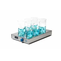 Rectangular magnetic stirrer with six positions, digital display, and built-in timer. Operates on 100/240V with US Standard plug. Suitable for simultaneous stirring of multiple samples in laboratory applications such as chemical synthesis, dissolution testing, and media preparation