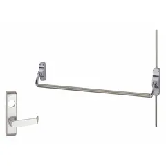 This surface vertical rod exit device features a chrome finish, lever, and crossbar. Designed for doors up to 44 inches wide, it provides push-bar operation for commercial egress applications. Suitable for use in buildings requiring reliable exit hardware.