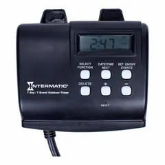 Digital plug-in timer switch with astronomic timing and 7-day programming. Rated for outdoor use, operates at 120V AC with a NEMA 5-15R receptacle. Used to automate lighting and other 120V loads based on sunrise/sunset schedules.