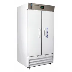 This upright lab refrigerator provides 36 cu ft of storage capacity with a temperature range of 2°C to 7°C, suitable for preserving temperature-sensitive medications, vaccines, and biological samples. It features a white swing solid door with right-hand opening, uses R-290 refrigerant, and includes a temperature alarm. Overall depth is 34 3/4 in.
