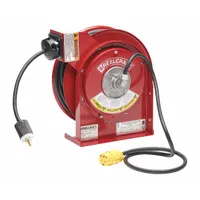 This reverse feed self-retracting cord reel from REELCRAFT features a ratchet lock mechanism for secure length adjustment. It includes 50 ft of 16 AWG SJTOW cable with a 5-15P retractable cord ending and a 5-15R feeder cord ending. Suitable for managing extension cords in industrial environments such as workshops and warehouses