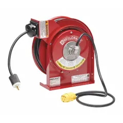 This reverse feed self-retracting cord reel from REELCRAFT features a ratchet lock mechanism for secure length adjustment. It includes 50 ft of 16 AWG SJTOW cable with a 5-15P retractable cord ending and a 5-15R feeder cord ending. Suitable for managing extension cords in industrial environments such as workshops and warehouses.