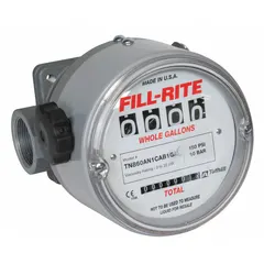 Mechanical flowmeter with 4-digit display for gasoline and water. Aluminum body, Buna-N seals, +/-2% accuracy, pulse output, measures in liters. Used in fuel transfer and totalizing applications.