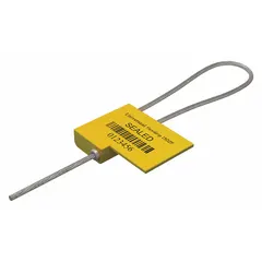 Steel adjustable-length cable seal with 12-inch cable length and 1/16-inch diameter. Features black sequential numbering and barcode with 'Sealed' marking. Supplied in a 50-pack. Used for securing containers, trucks, and industrial equipment to prevent tampering or unauthorized access.