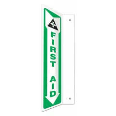 L-Shape Projection First Aid Sign with mounting holes for secure wall installation. Nominal size 18 in x 4 in. Not retroreflective, not glow-in-the-dark, no anti-slip surface. Suitable for marking first aid stations or equipment in industrial and commercial facilities.