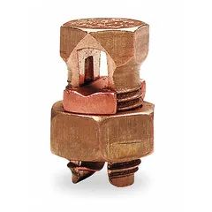 Bronze split-bolt connector for splicing or tapping copper wire in electrical power distribution, industrial panels, and grounding systems. Accepts wire sizes from 500 kcmil to 2/0 AWG. Not rated for direct burial; suitable for indoor or above-ground applications.