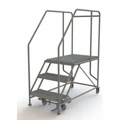 This rolling single-access platform provides a fixed 2.5 ft working height with a 24 in x 35 in steel platform. It supports up to 800 lb and includes handrails and a foot-activated step lock for secure positioning. Suitable for maintenance, assembly, and warehousing tasks requiring stable elevated access.