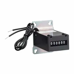 Electromechanical counter with base mounting style, measuring 2 1/4 in x 1 1/2 in. Operates on 90 V AC to 120 V AC and is UL listed. Used for totalizing cycles, events, or production output in industrial machinery and process control systems.